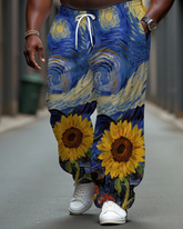Big Men's Artistic Sunflower Under Starry Sky Oil Paint Printed Pocket Drawstring Casual Pants